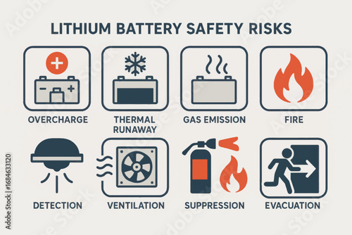 Vector infographic showing lithium battery safety risks including overcharge, fire, gas emission, and ventilation, clean scalable icons.