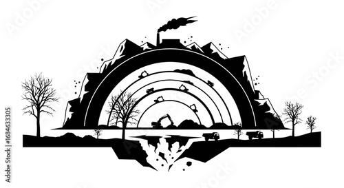 monochrome mine gearshaped layers of industrial extraction, isolated on transparent background