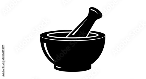 mortar and pestle herbal remedy, spice grinding, pharmacy icon, kitchen utensil, black silhouette