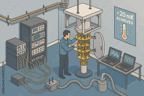 Vector artwork of quantum laboratory with dilution refrigerator, wiring systems, equipment racks and technician adjusting components.