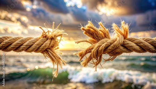 A severed rope against the backdrop of a scenic ocean and sky, symbolizing freedom and breaking barriers.