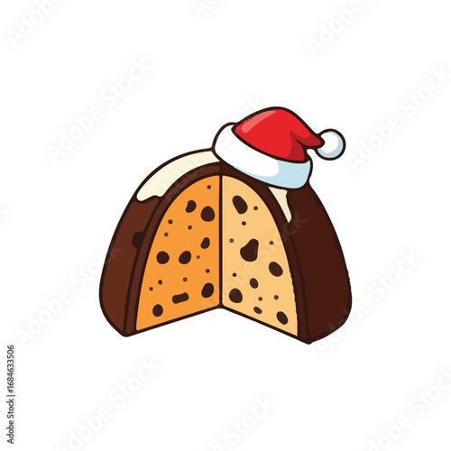 Cartoon illustration of a sliced panettone with a Santa hat.