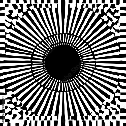 Black and white radial pattern with a central circle and checkered border creating an optical illusion