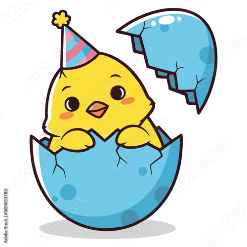 A cute cartoon yellow chick wearing a party hat, hatching from a cracked blue egg, celebrating a new beginning.