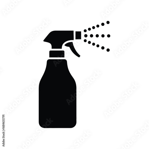 Black trigger spray bottle vector icon with mist. A simple glyph symbol for cleaning, disinfection, sanitation, or gardening tasks