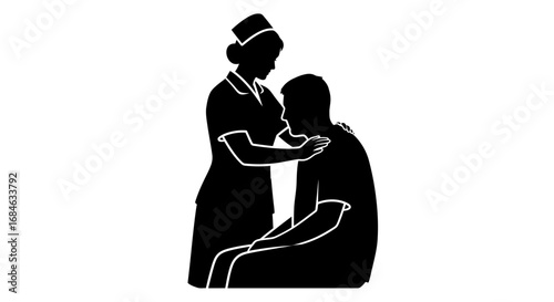 nurse comforting patient empathy, care, support, medical, compassion, healthcare, wellbeing, hospital, clinic, gentle, healing, recovery, silhouette, monochrome, black and white