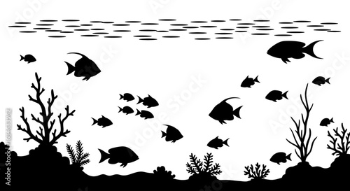 ocean life silhouettes fish, coral reef, underwater scene, aquatic wildlife, black and white
