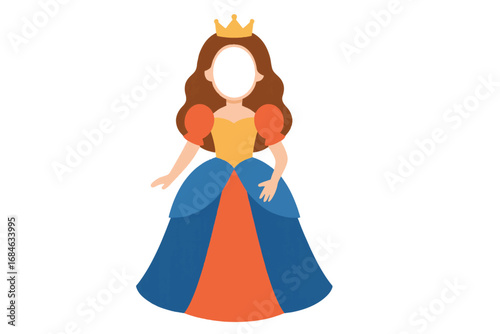 Scalable vector cutout of a princess in royal dress with blank face, great for fairytale, kids graphics, or themed events.