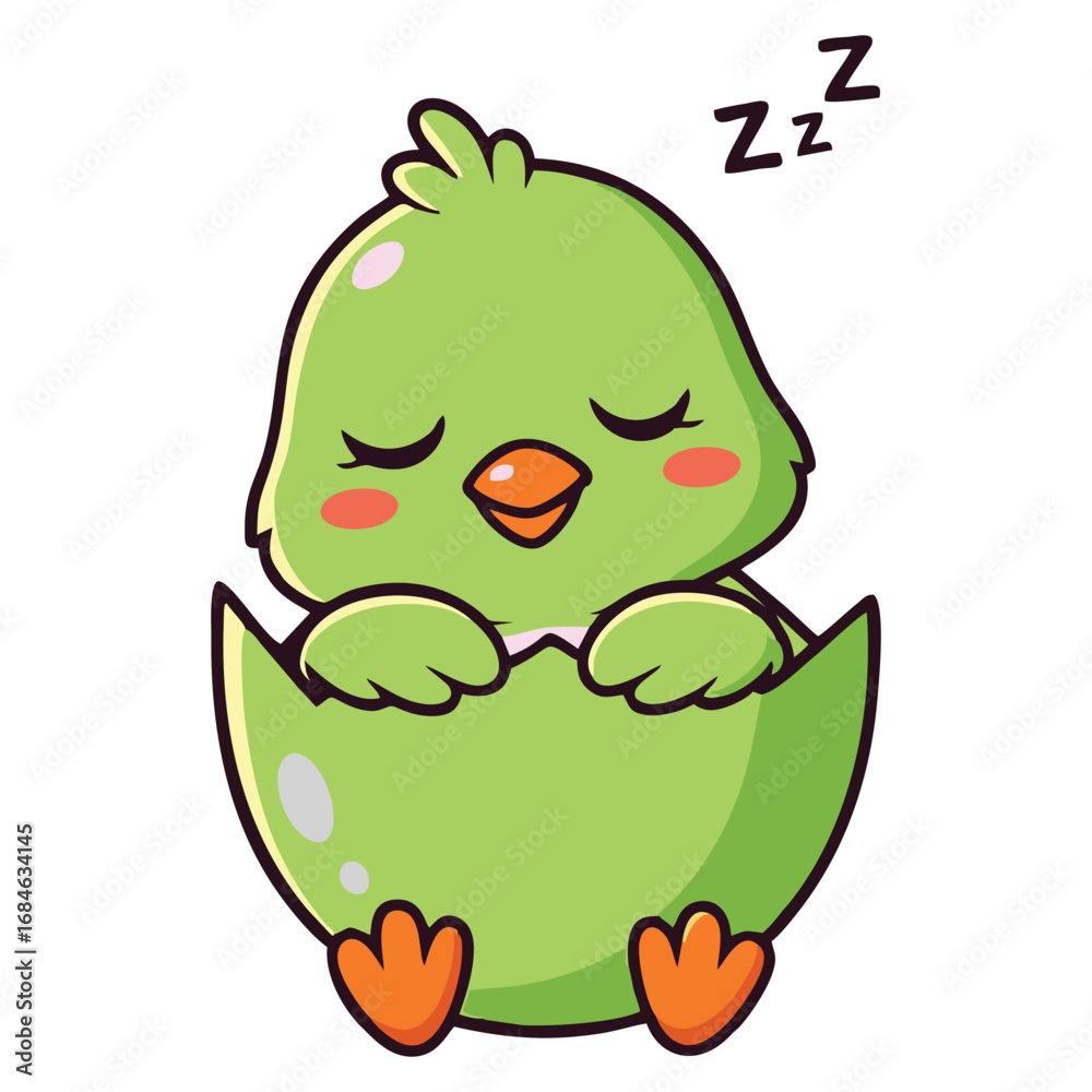 Obraz premium A cute green cartoon chick sleeping peacefully inside a cracked eggshell with 