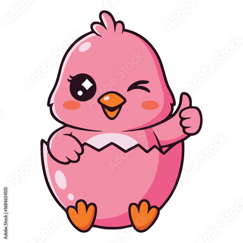 Cute pink baby chick hatching from an egg, winking and giving a thumbs-up, cartoon illustration on a white background.