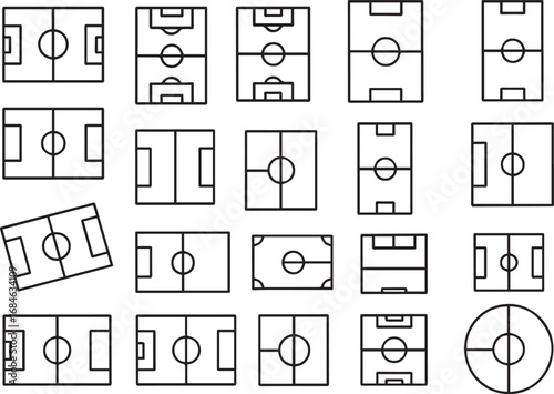Football field icons set Various perspectives of soccer pitches.