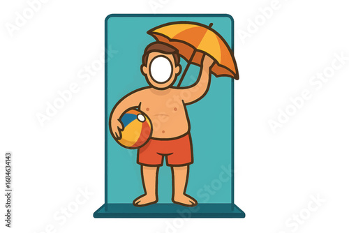 Vector illustration of a beach man cutout with umbrella and ball, featuring blank face for scalable summer event graphics.
