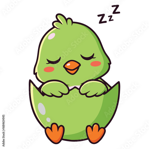 A cute green cartoon chick sleeping peacefully inside a cracked eggshell with "Zzz" above its head.