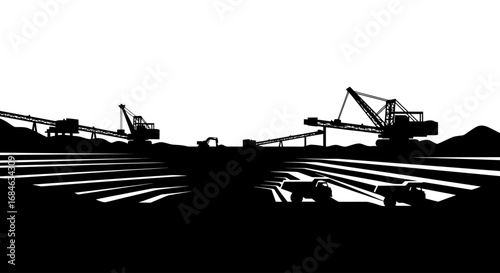 openpit mining quarry with heavy machinery and trucks