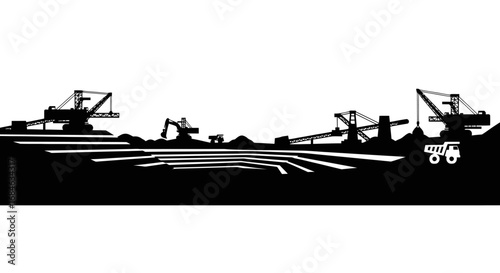 openpit mining, heavy machinery, excavators, industrial site, coal mining, quarry, extraction, diggers, and landscape