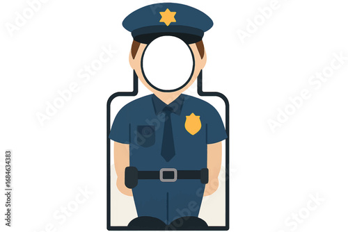 Cartoon vector template of police officer character with blank face area, wearing uniform and badge, suitable for photo cutout display.