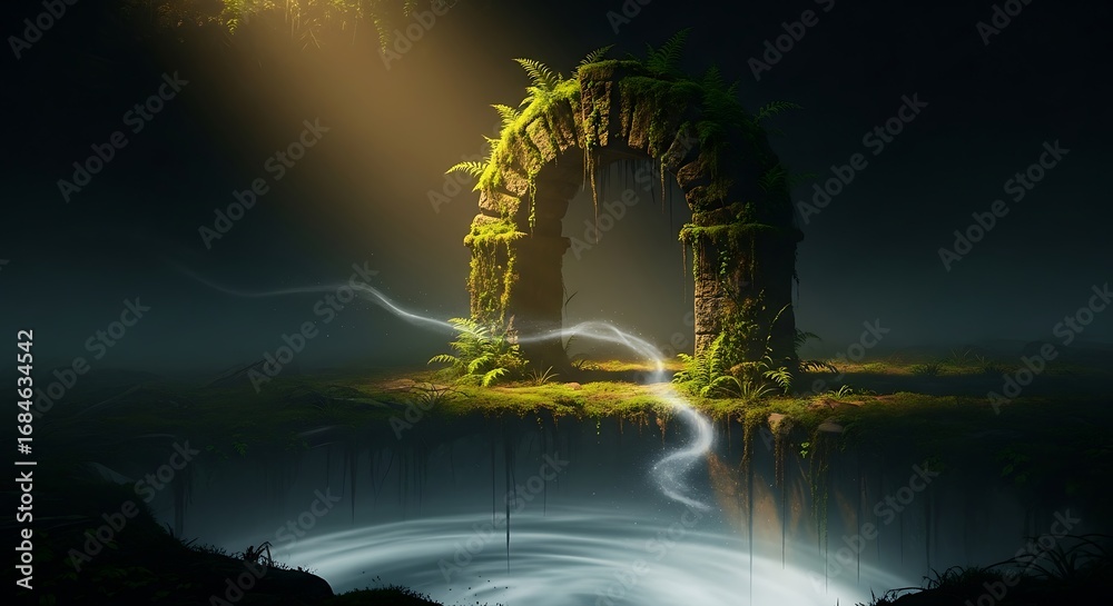 Obraz premium Mystical Forest Ruins with Moss-covered Archway Surrounded by Lush Green Plants and Soft Light
