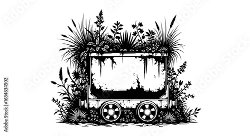 overgrown mining cart black and white illustration of nature reclaiming industry