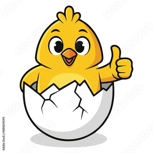 A cute cartoon yellow chick hatching from a cracked eggshell, giving a thumbs up with a happy expression.