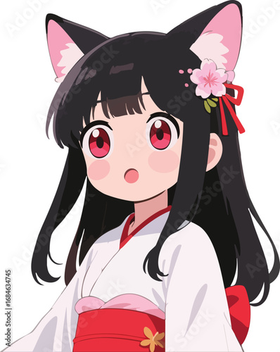 Adorable anime girl with cat ears and kimono, cute, playful, and charming character for your designs
