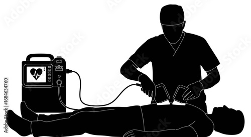 paramedic silhouette performing cpr with defibrillator emergency medical silhouette