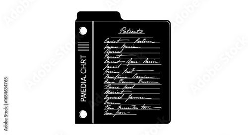 patients chart medical records, handwritten notes, black binder, vintage style, medical history, healthcare, doctor, hospital, privacy, confidential