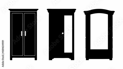 Three black wardrobe silhouettes with different door styles arranged side by side on white background | editable eps vectors