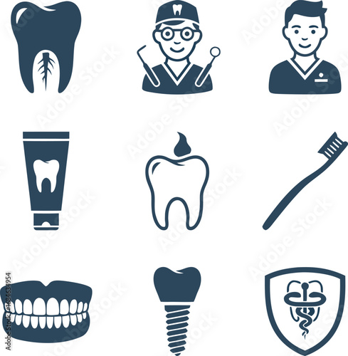 Essential dental care icons including dentist, tooth, implant, and hygiene tools for healthy smiles.
