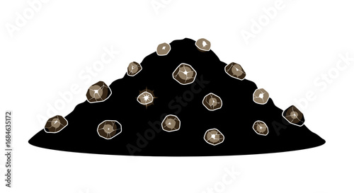 pile of black stones with embedded shiny gems, treasure, riches, wealth, luxury, precious stones, dark pile