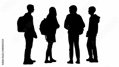 Silhouette of four students with backpacks standing and talking isolated on a white background in a group | editable eps vectors