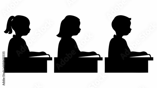 Silhouette illustration of three children sitting at desks in a classroom setting side profile view showing | editable eps vectors