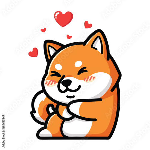 A cute cartoon Shiba Inu dog with rosy cheeks and hearts floating around its head, expressing love and happiness.