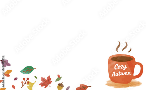 Autumn Frame with Coffee Cup and Colorful Leaves – Watercolor Style