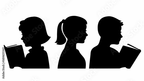 Silhouettes of three children reading books in profile view against a white background in black and white style | editable eps vectors