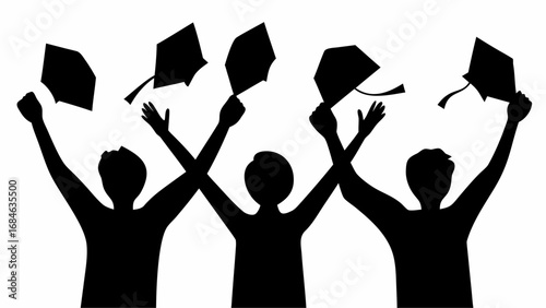 Silhouettes of three graduates throwing graduation caps in the air in celebration on a white background | editable eps vectors
