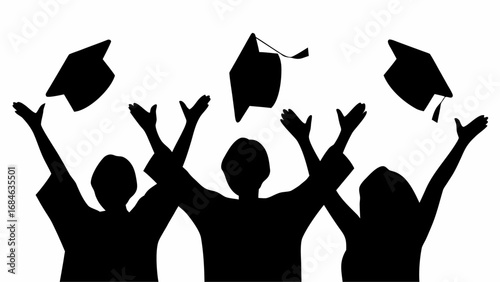 Silhouette of graduates throwing graduation caps in the air celebrating academic achievement and success | editable eps vectors