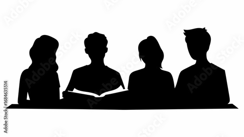 Silhouette of four people sitting at a table with one person reading a book in black and white style | editable eps vectors