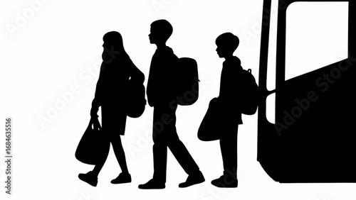 Silhouette of three people boarding a bus with bags and backpacks in black and white illustration style | editable eps vectors