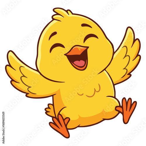 A cheerful and adorable cartoon yellow chick with wings spread, laughing happily.