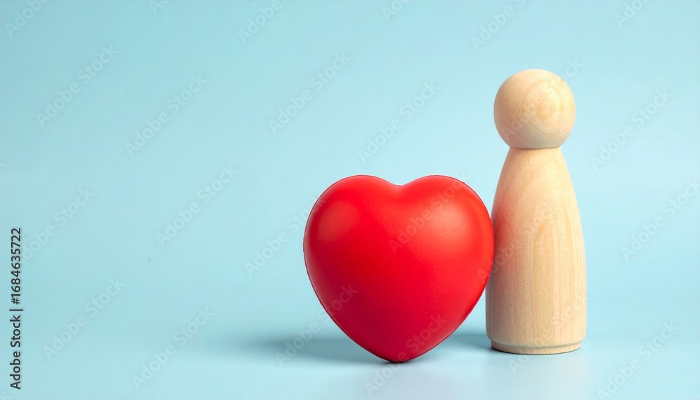 Fototapeta premium Two wooden figures with a small red heart, a romantic symbol of love and passion, are isolated as a holiday decoration