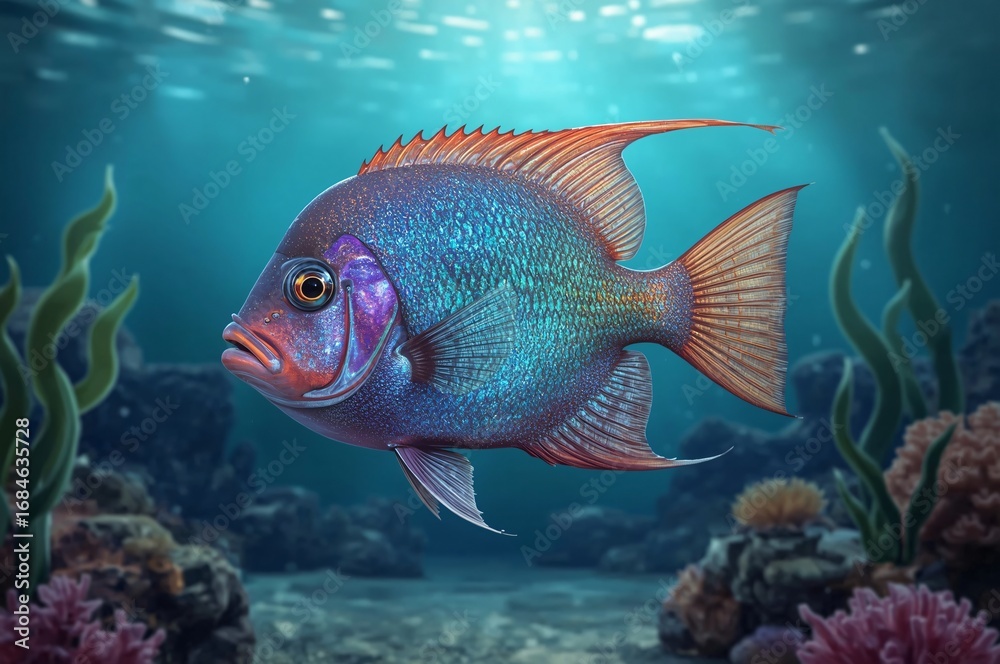 Fototapeta premium Vibrant fish swims in underwater reef scene