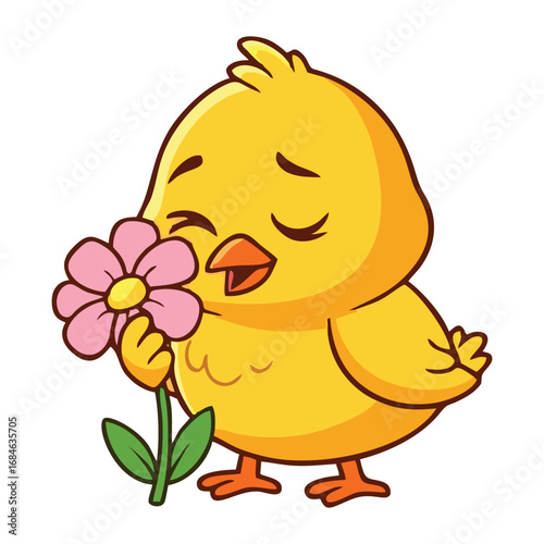Cute cartoon yellow chick happily smelling a pink flower with closed eyes.