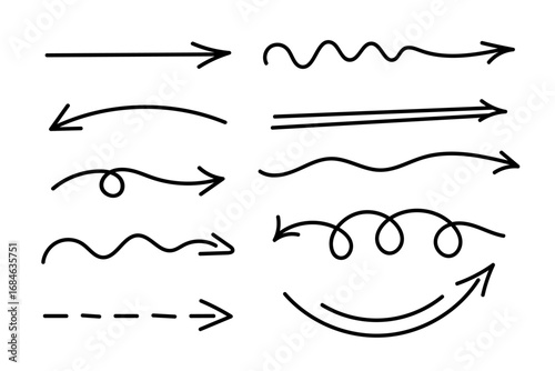 Arrows set, hand drawn doodle direction twist indicators, pointers and scroll elements.Collection of swirly various dynamics shapes.Isolated on white background. Vector illustration