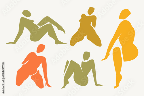 Woman contemporary abstract figures silhouette, hand drawn cut out feminine form different poses. Flat collage mid-century style, applique unique design, female shape poster, decorative art. Isolated.