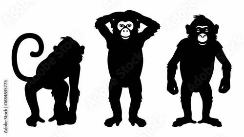 Three monkey silhouettes depicting see no evil hear no evil speak no evil poses against white background | editable eps vectors
