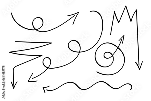 Arrows set, hand drawn doodle direction twist indicators, pointers and scroll elements.Collection of swirly various dynamics shapes.Isolated on white background. Vector illustration