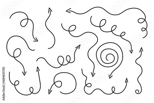 Arrows set, hand drawn doodle direction twist indicators, pointers and scroll elements.Collection of swirly various dynamics shapes.Isolated on white background. Vector illustration