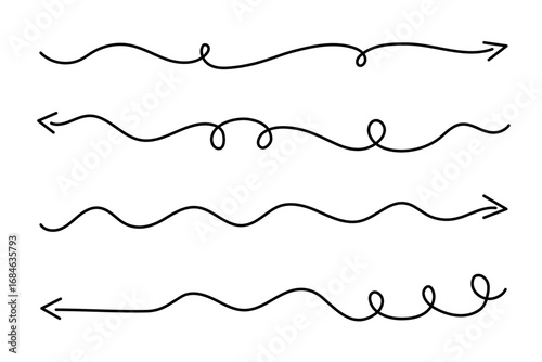Arrows set, hand drawn doodle direction twist indicators, pointers and scroll elements.Collection of swirly various dynamics shapes.Isolated on white background. Vector illustration