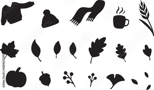 Autumn Silhouette Elements Set – Sweater, Leaves, Acorn, Mug and More