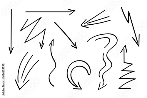Arrows set, hand drawn doodle direction twist indicators, pointers and scroll elements.Collection of swirly various dynamics shapes.Isolated on white background. Vector illustration